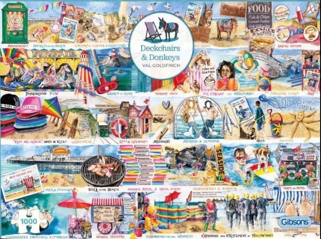 A whimsical collage of seaside activities and symbols titled Deckchairs & Donkeys by Val Goldfinch.