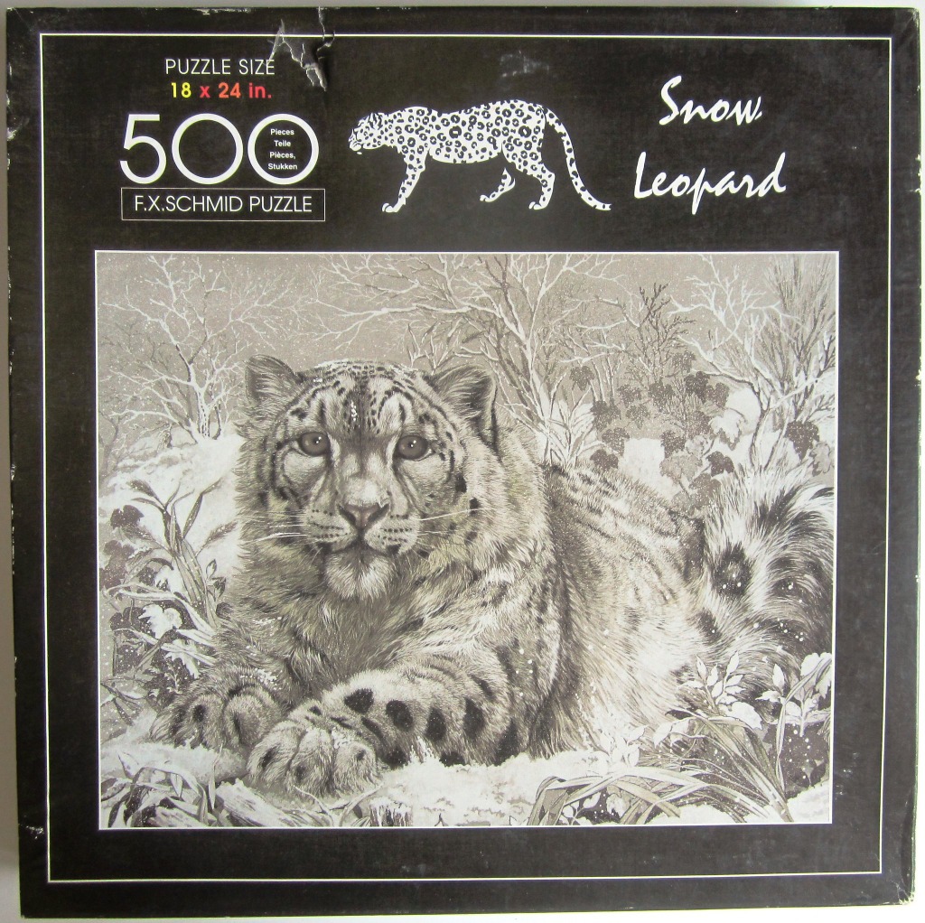 A detailed black and white illustration of a snow leopard lying in a wintry forest landscape.