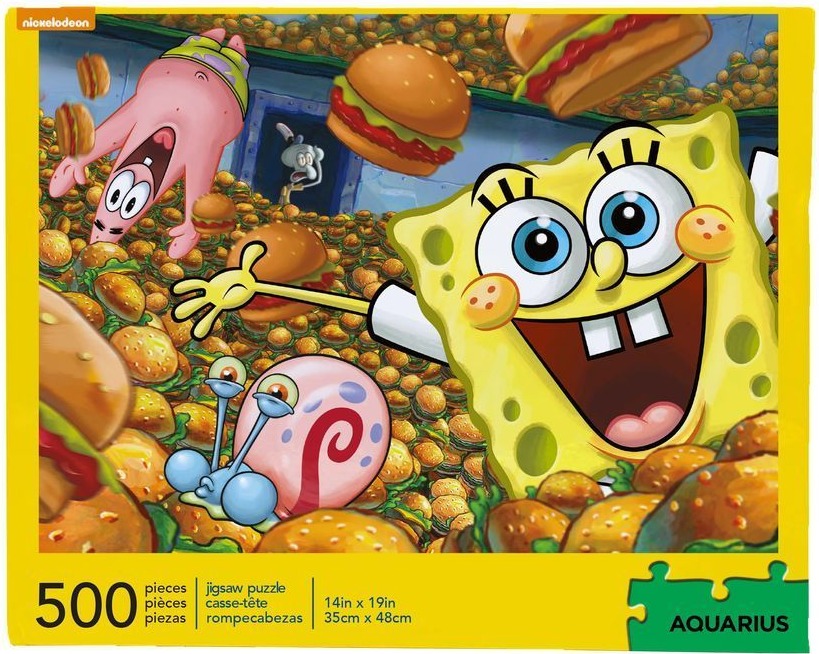 SpongeBob SquarePants and friends swimming in a sea of Krabby Patties