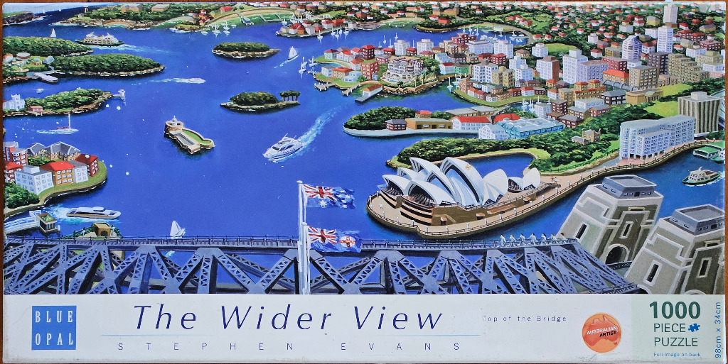 A panoramic painted view of Sydney Harbour, featuring the Harbour Bridge in the foreground and the Opera House beyond.