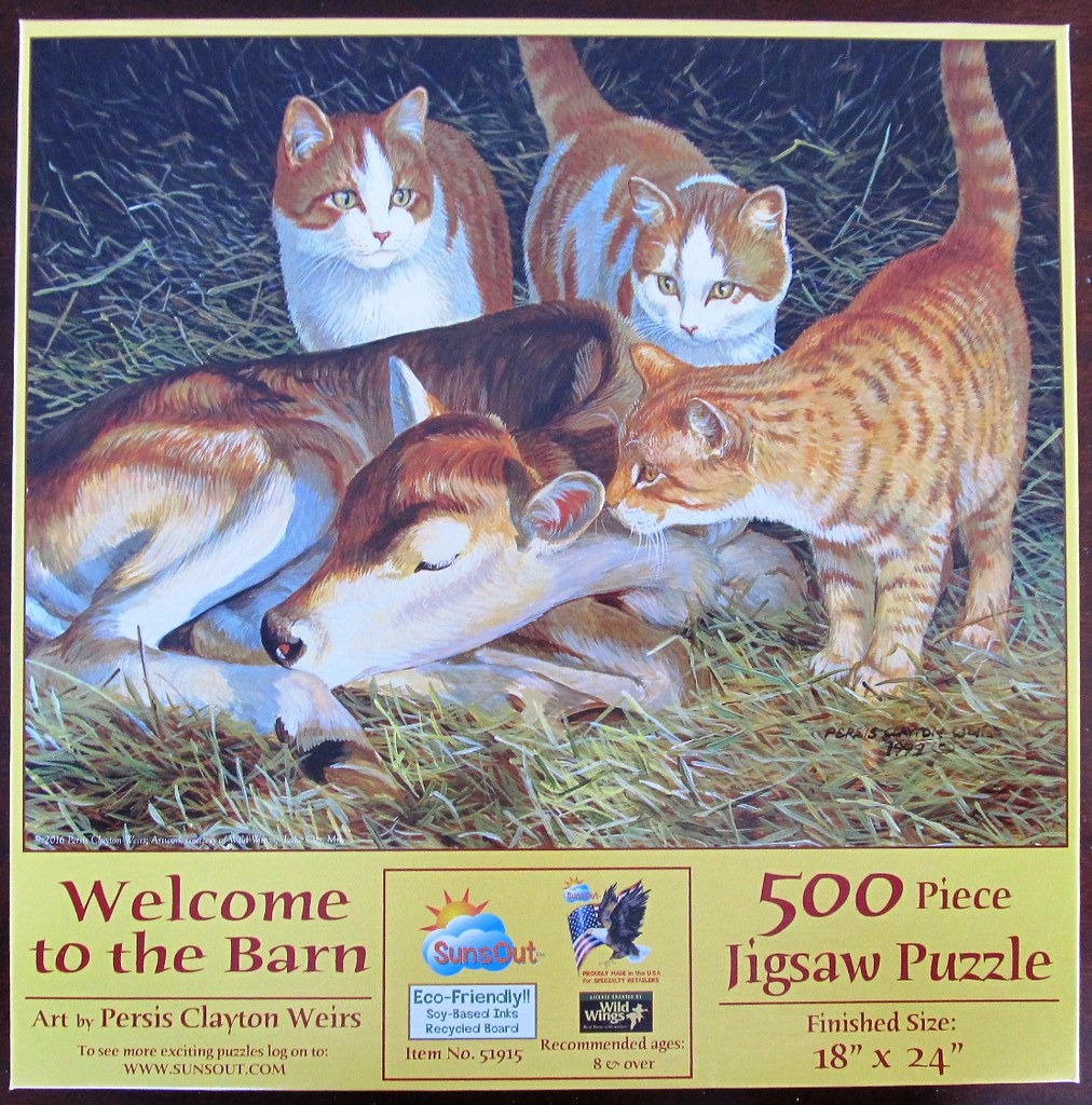 A painting of a resting calf surrounded by three curious ginger and white cats in a barn.