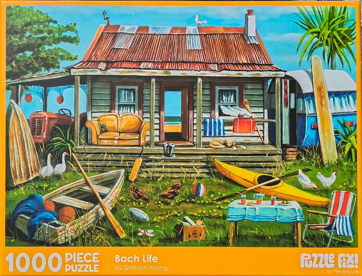 An oil painting of a rustic coastal shack with a cluttered yard featuring a boat, kayak, and farm animals.