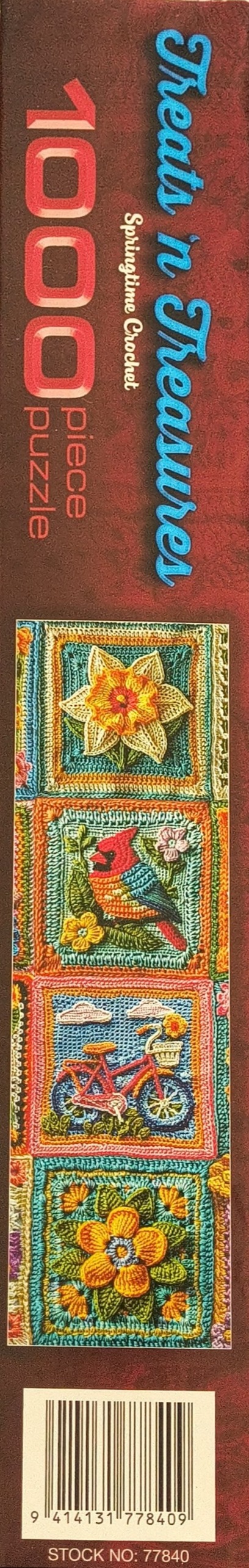 A vertical collection of four crocheted squares depicting a daffodil, a cardinal, a bicycle, and a yellow flower.