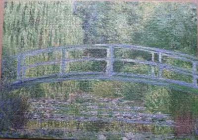 An impressionist painting of a Japanese-style bridge over a pond surrounded by lush, green weeping willow trees.