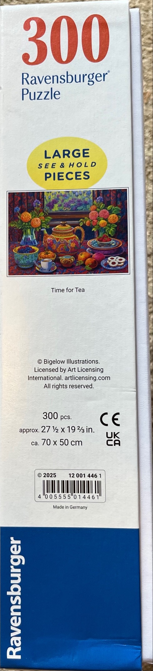 "Time for Tea" still life with teapot, cup, fruit, and cookies. Vibrant colors.