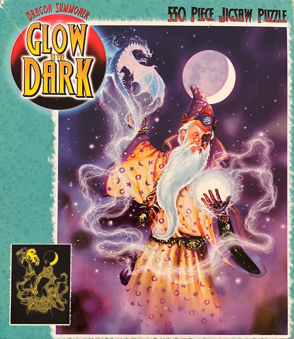 A fantasy illustration of a bearded wizard summoning a glowing dragon beneath a crescent moon.