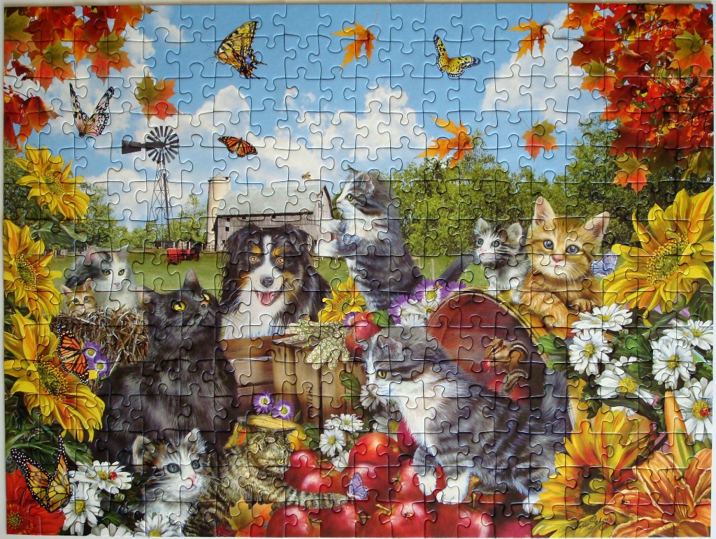 A collection of cats and an Australian Shepherd dog in a vibrant autumn garden with sunflowers, butterflies, and a farm.