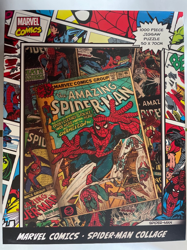 A collage of various Spider-Man comic book covers and action panels.