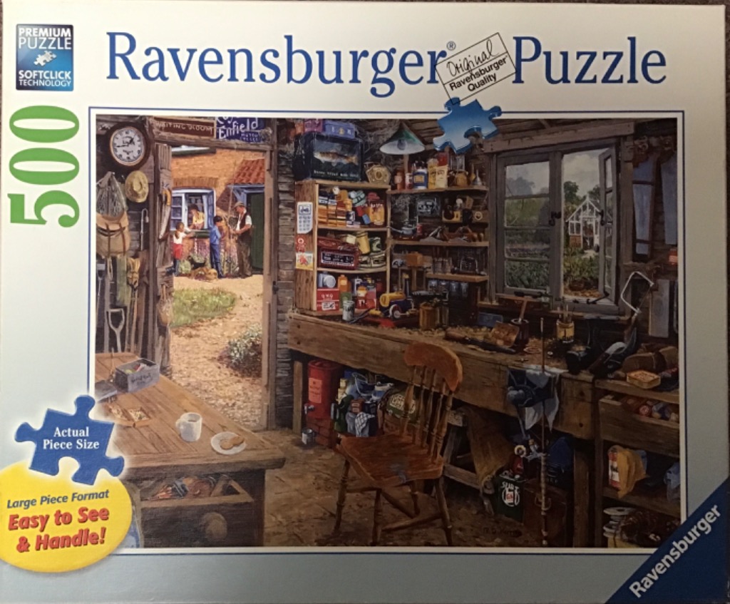 Illustration of a rustic cluttered wooden workshop with a view of a garden through an open doorway and window.
