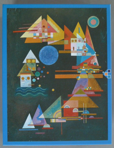 Abstract painting with geometric triangles, circles, and squares in vibrant colors against a dark green background.