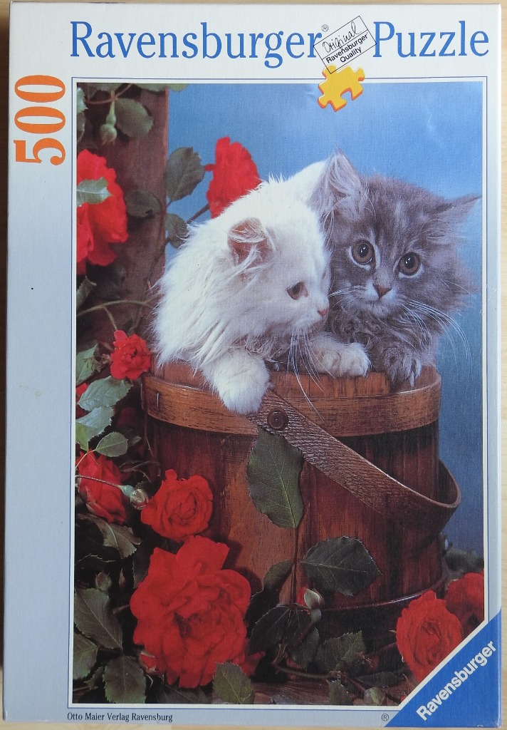 Two fluffy kittens, one white and one grey, sitting together inside a rustic wooden bucket surrounded by red roses.
