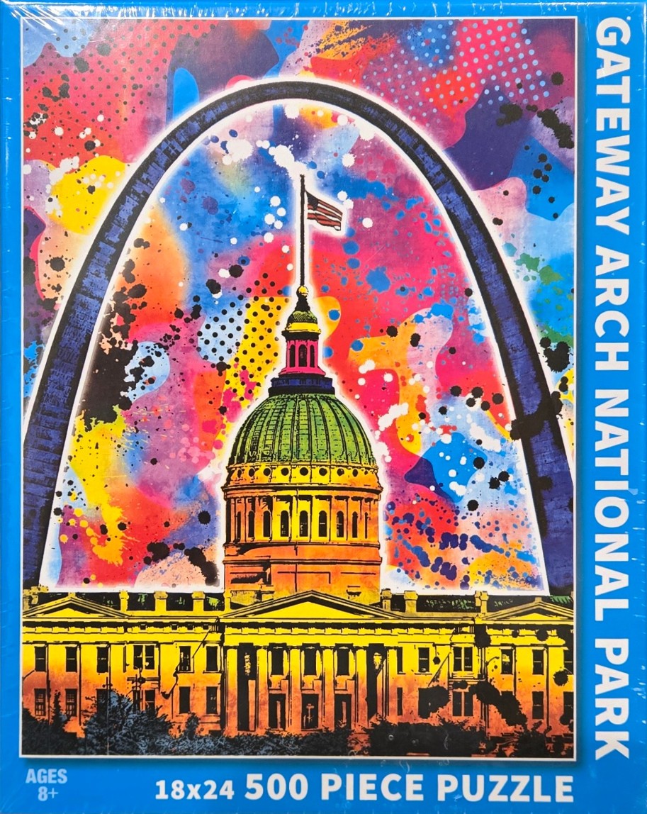 A colorful, stylized illustration of the Gateway Arch framing the St. Louis Old Courthouse.