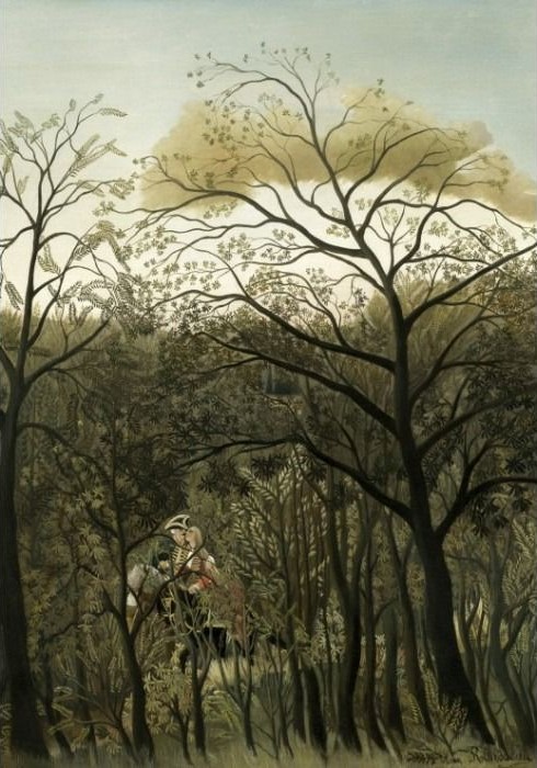 A figure in a military uniform rides a horse through a dense, stylized forest.