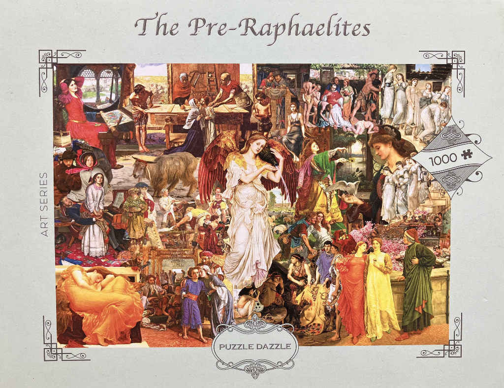 A collage of multiple Pre-Raphaelite paintings featuring various historical, romantic, and mythological figures.