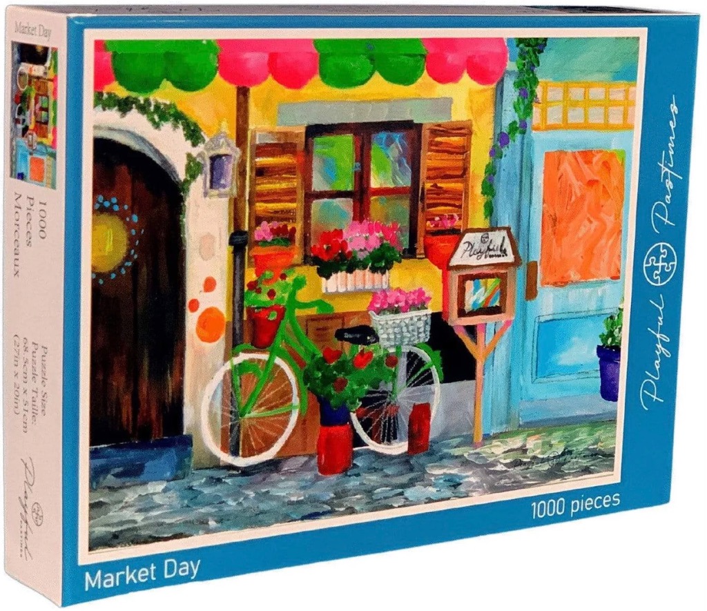 An impressionist painting of a sunny storefront with a green bicycle, flower pots, and blue door.