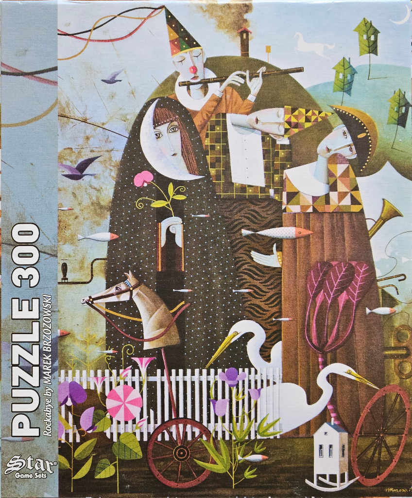 Surreal illustration of three harlequin-like figures, birds, and floating elements in a dreamlike garden setting.
