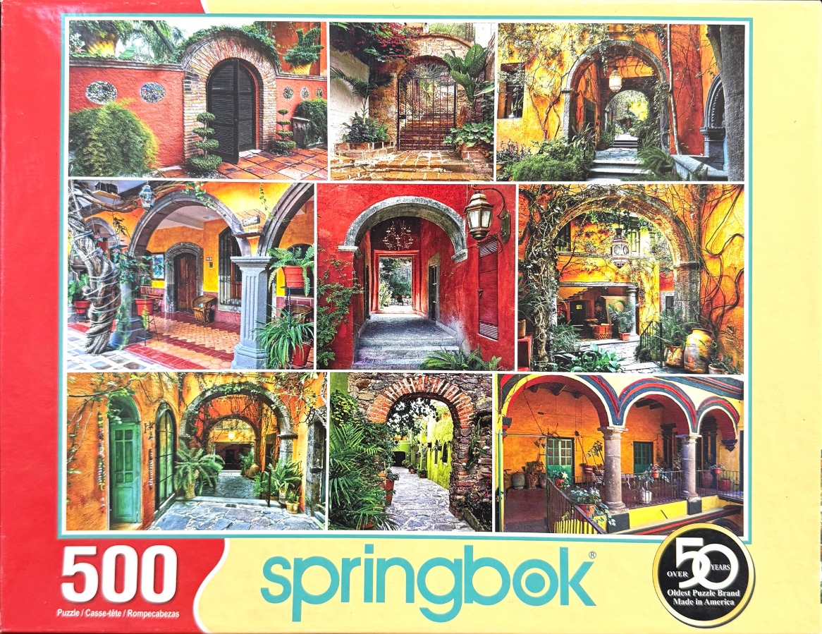 Collage of nine photos featuring sun-drenched colonial courtyards and archways in warm, vibrant colors.