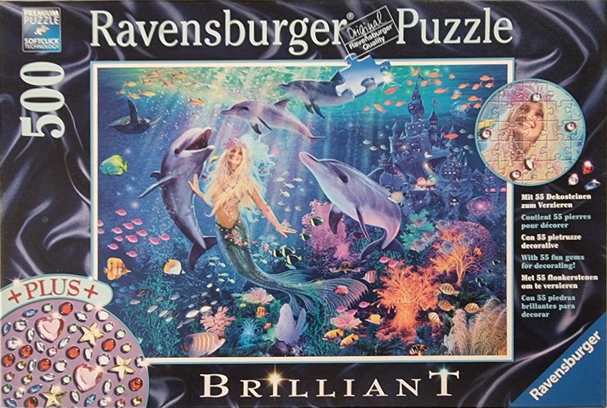 Fantasy underwater scene featuring a mermaid swimming with dolphins near a glowing coral reef and an aquatic castle.
