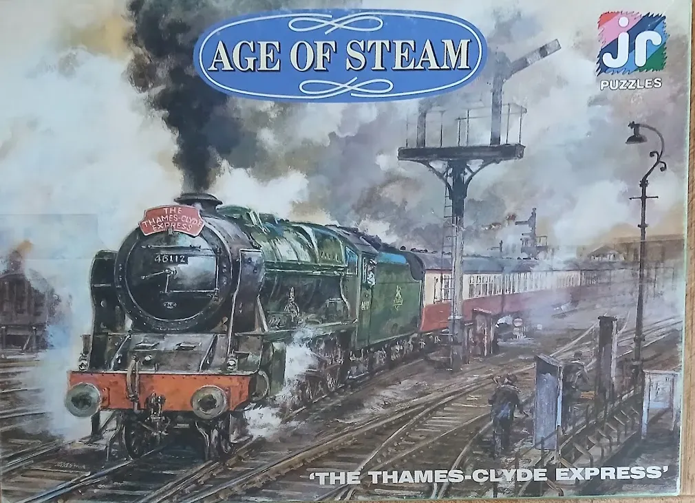 Painting of a dark green steam locomotive, The Thames-Clyde Express, pulling into a station platform.
