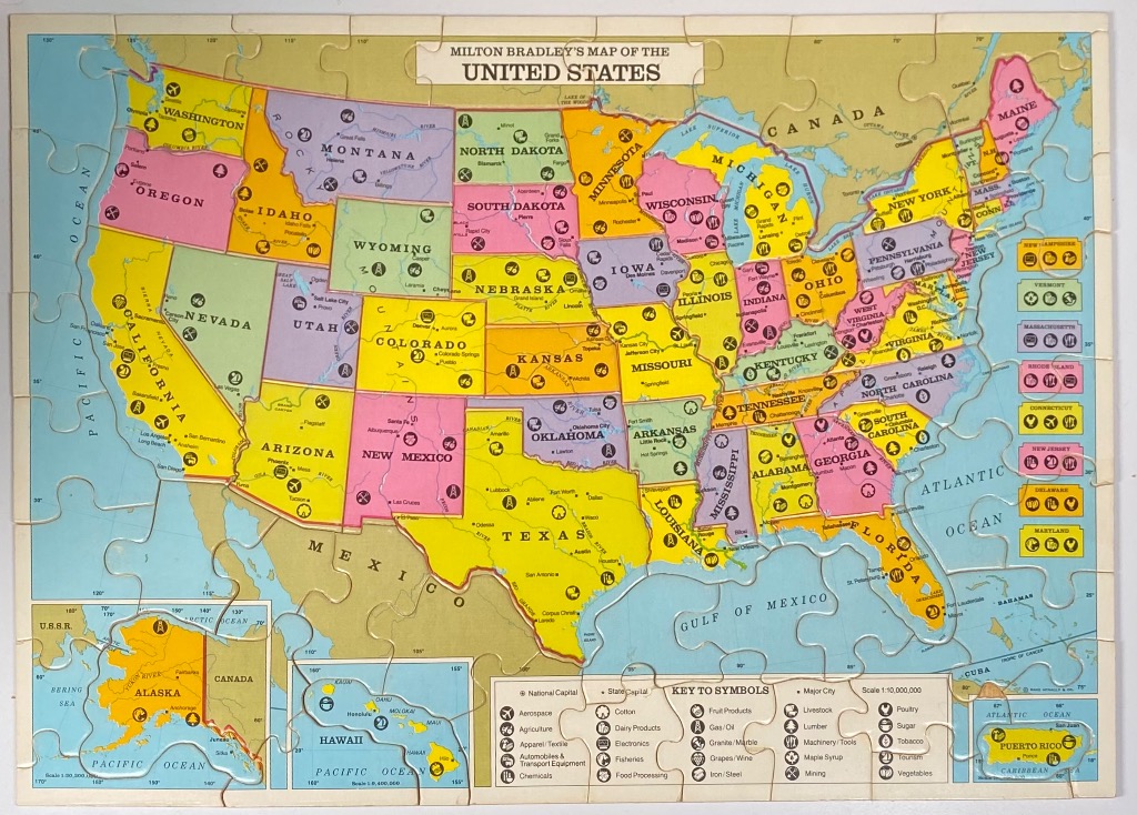 A vintage-style illustrated map of the United States featuring colorful states, icons for industry, and insets of regions.