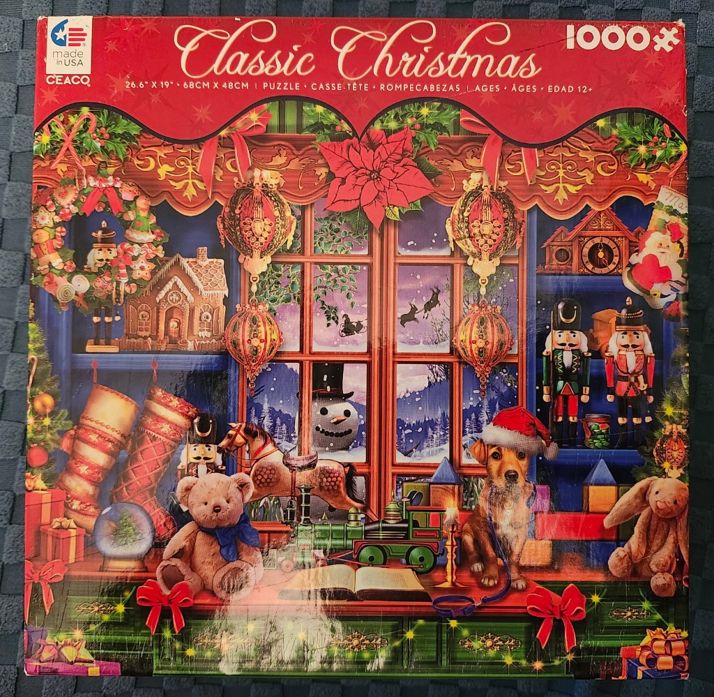 A cozy Christmas scene featuring a window display filled with toys, a festive puppy, and holiday decorations.