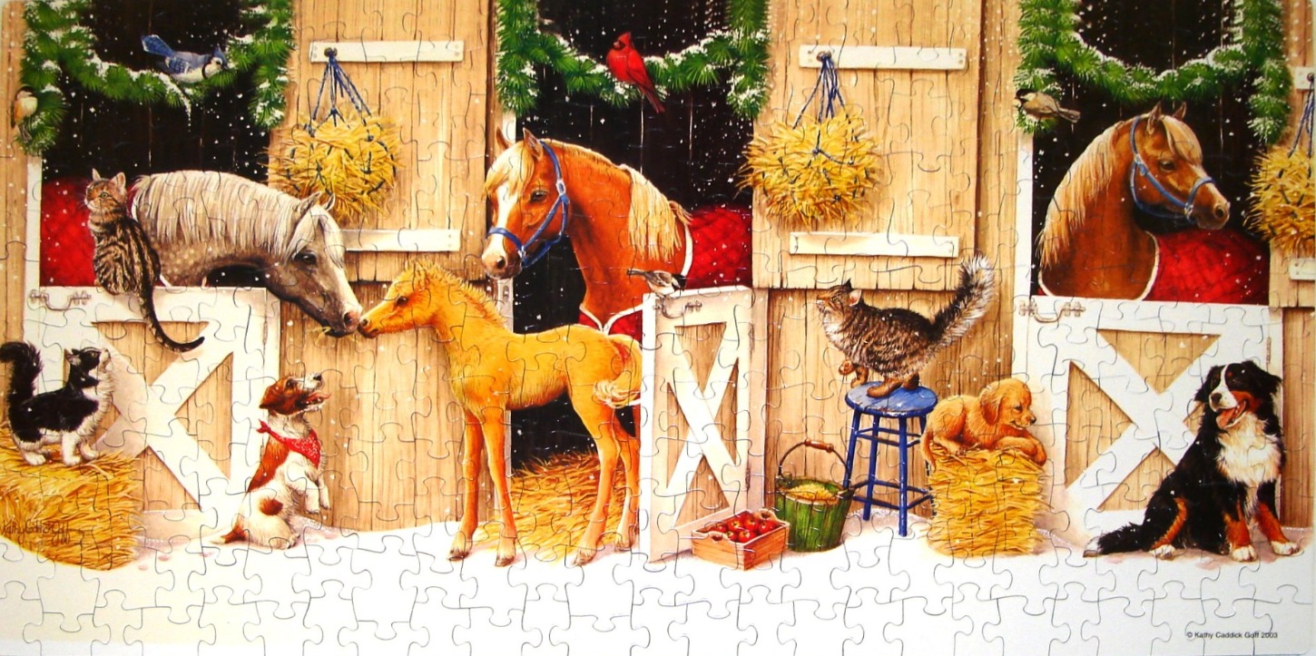 A cozy winter scene featuring horses, cats, and dogs in an open barn stable.