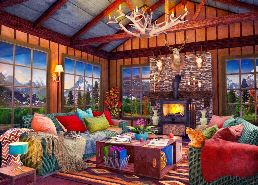 A cozy rustic cabin living room with a fireplace, large windows looking out to mountains, and cats lounging on furniture.