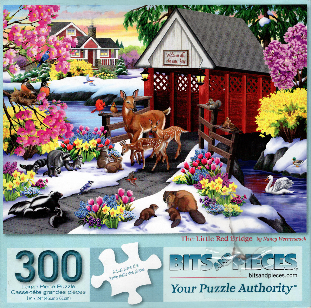 An illustration of a red covered bridge in a snowy, spring landscape filled with deer, raccoons, and other wildlife.