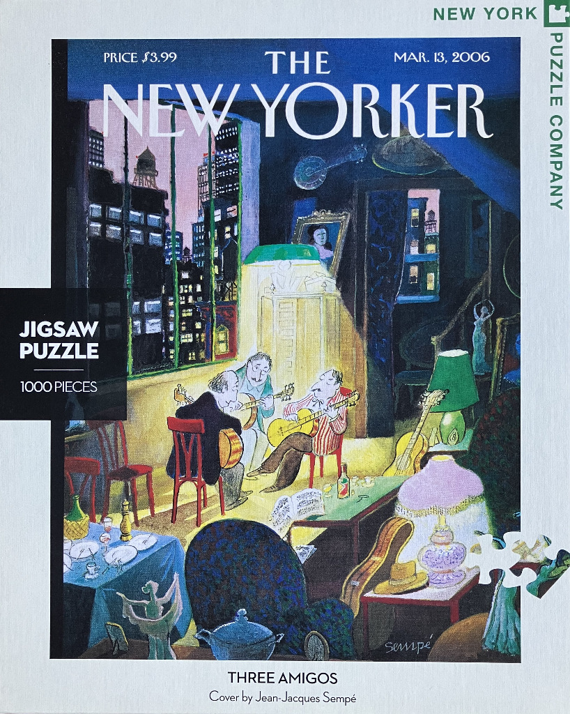 An illustration of three men playing acoustic guitars in a dimly lit apartment overlooking a city skyline at night.