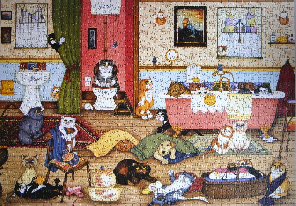 A whimsical illustration of a busy, cluttered bathroom filled with many cats in various playful activities.