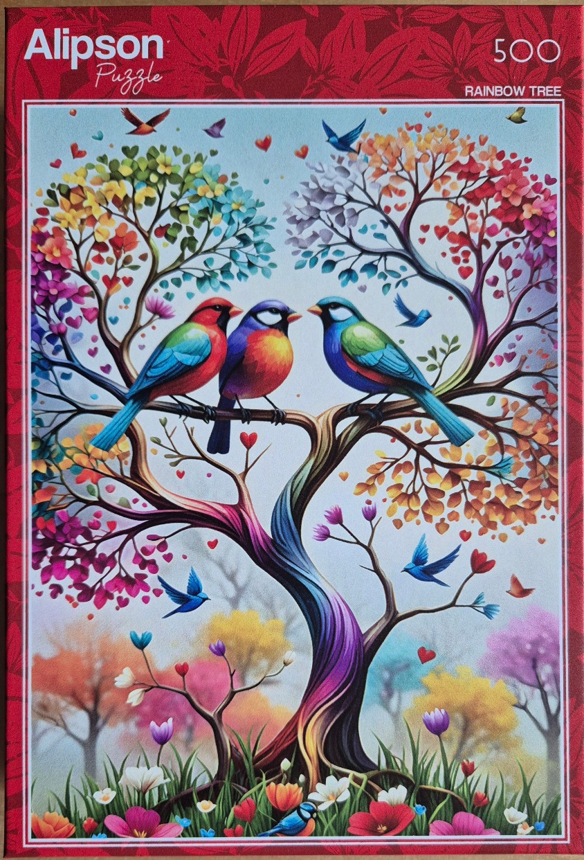 A vibrant illustration of three colorful birds perched on a swirled rainbow-trunked tree amidst a whimsical, heart-filled lan