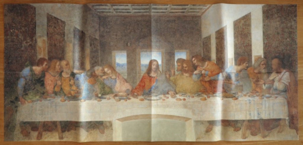 A classic painting of The Last Supper showing Jesus at the center of a long table with twelve disciples.