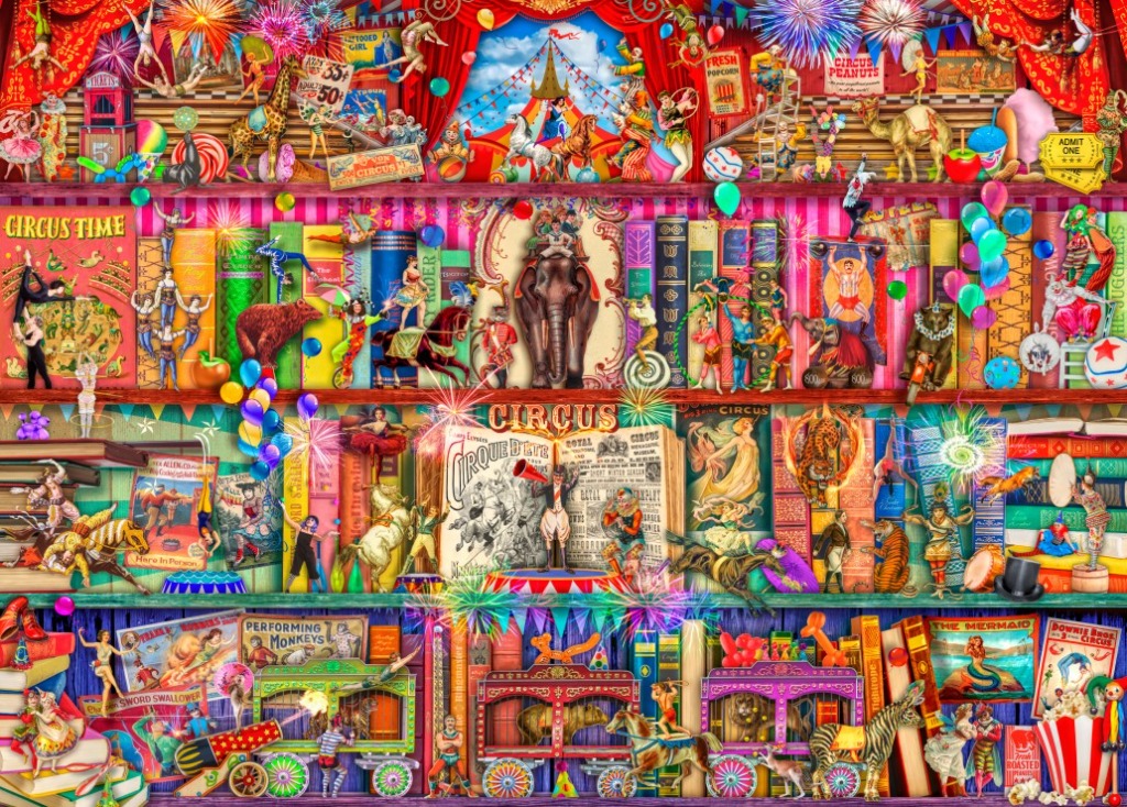 A whimsical bookshelf filled with vintage circus imagery, performers, animals, and colorful decorations.