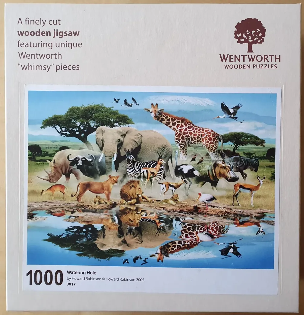 An illustration of various African wildlife gathered at a watering hole with reflections in the water.