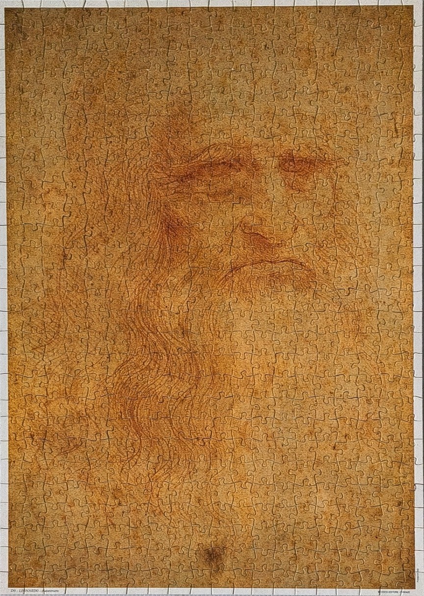 A sepia-toned Renaissance sketch depicting the face of an elderly man with a long beard, attributed to Leonardo da Vinci.