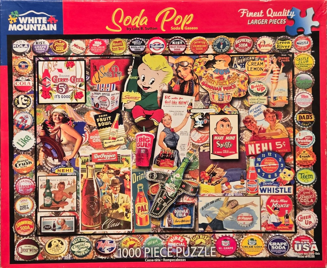 A nostalgic collage of vintage soda pop advertisements and bottle caps.