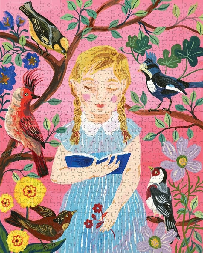 Illustration of a blonde girl in a blue dress reading surrounded by colorful birds and flowers on a pink background.