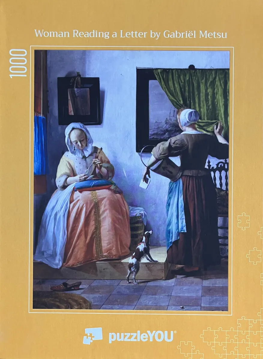 A painting of a woman sitting and reading a letter while another woman stands beside her with a dog nearby.