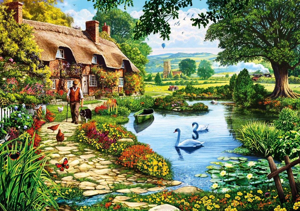 A peaceful English cottage scene with a man, a dog, swans on a pond, and a blooming garden.