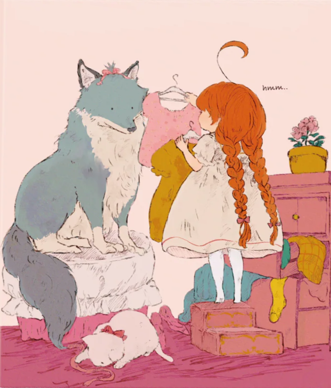 An illustration of a young girl with braided red hair holding clothes up for a blue wolf-like creature.