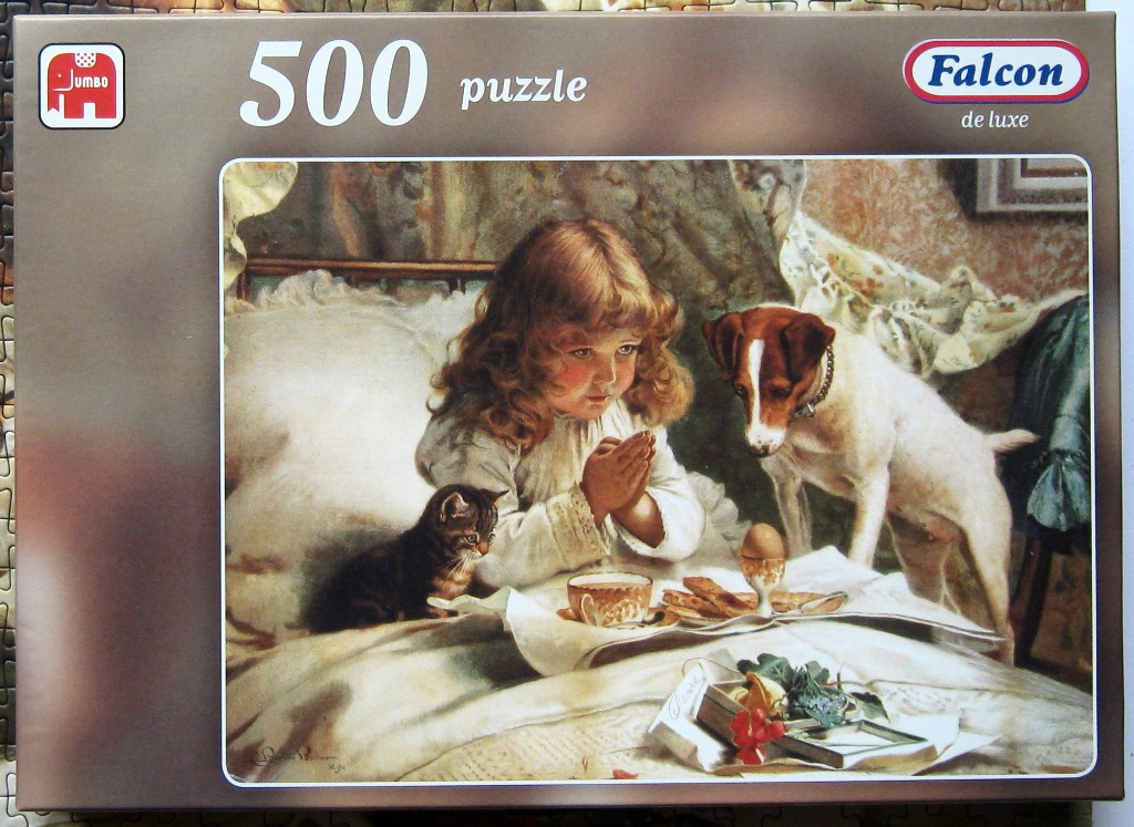 A young girl praying at a breakfast table with a dog and a cat, in an oil painting style.