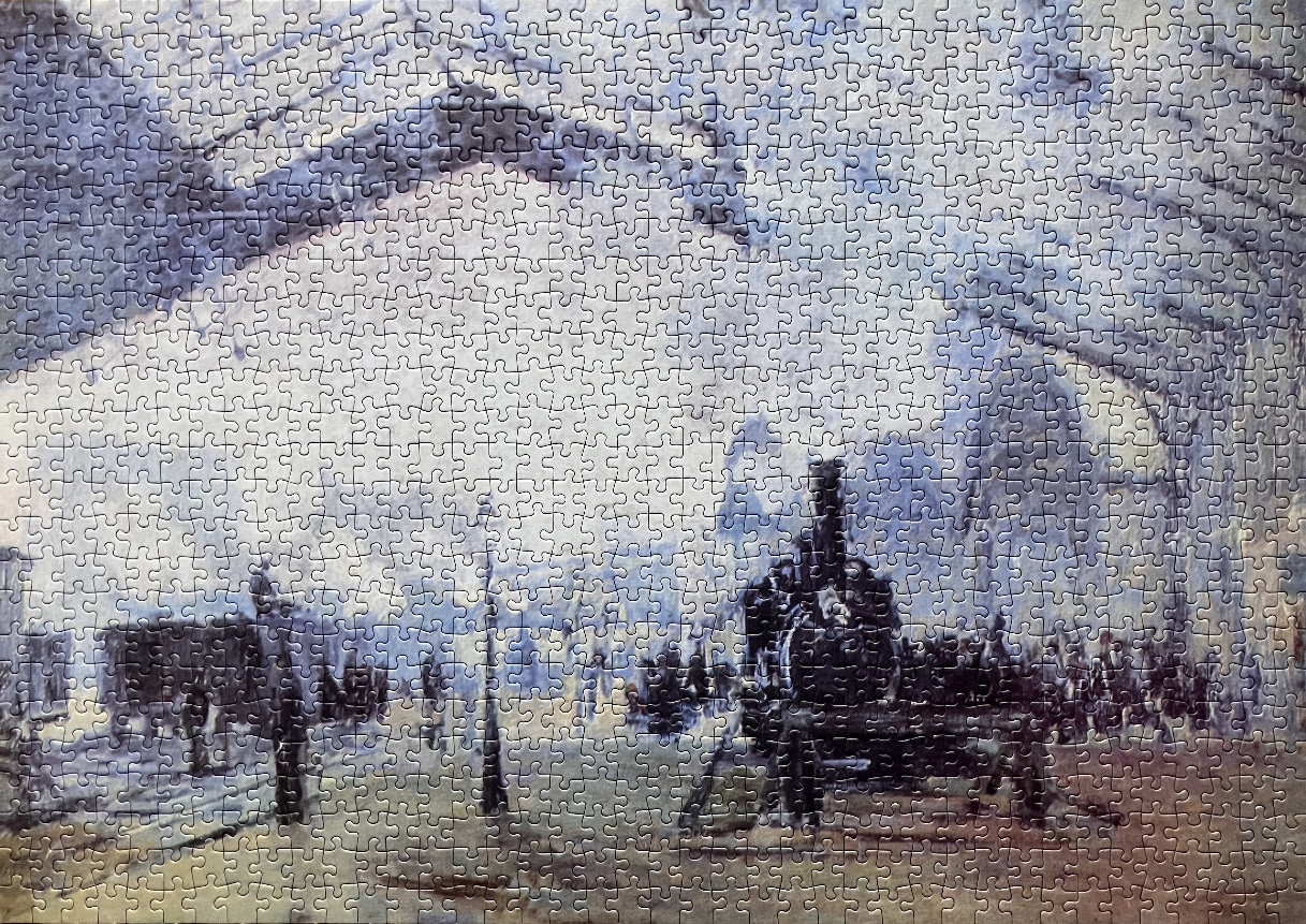 Impressionist oil painting of a steam locomotive at a train station platform.