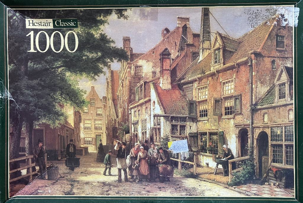 19th-century style painting of a Dutch village street scene with people and brick architecture