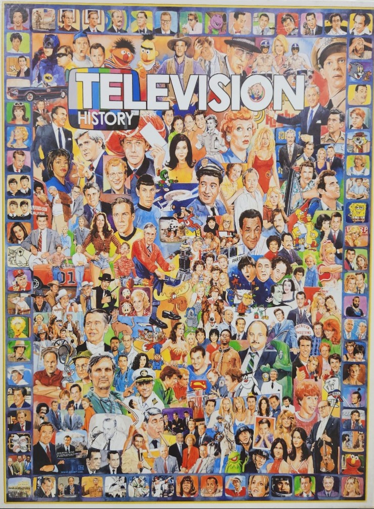 A montage of iconic television characters and personalities from decades of history.