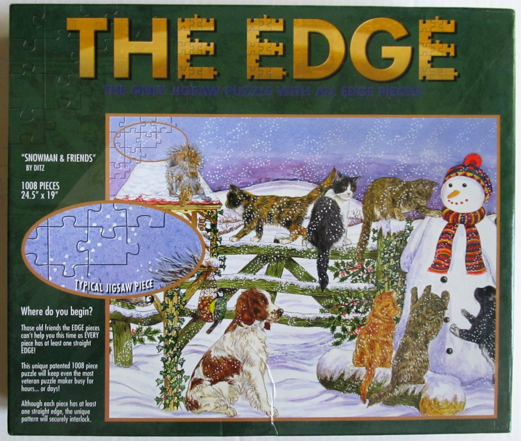 Winter scene featuring a snowman, a dog, and several cats playing in the snow.