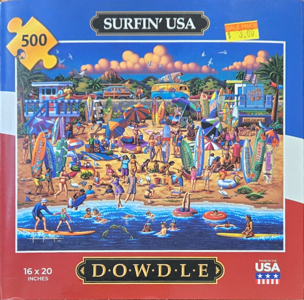 A whimsical illustration of a crowded, sun-drenched beach with numerous surfboards, beachgoers, and lifeguard towers.
