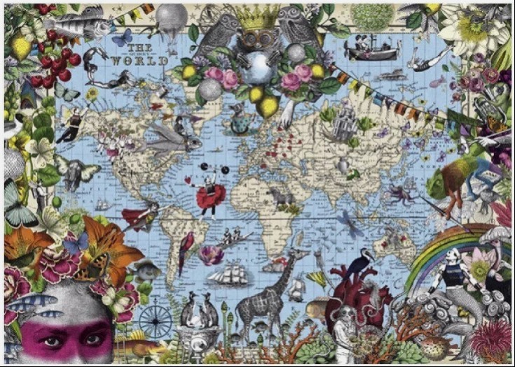 An intricately detailed world map filled with whimsical creatures, flora, and surreal human figures.