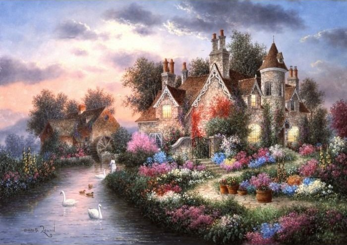 A stone cottage with a turret sits beside a stream filled with white swans and vibrant flower gardens at twilight.