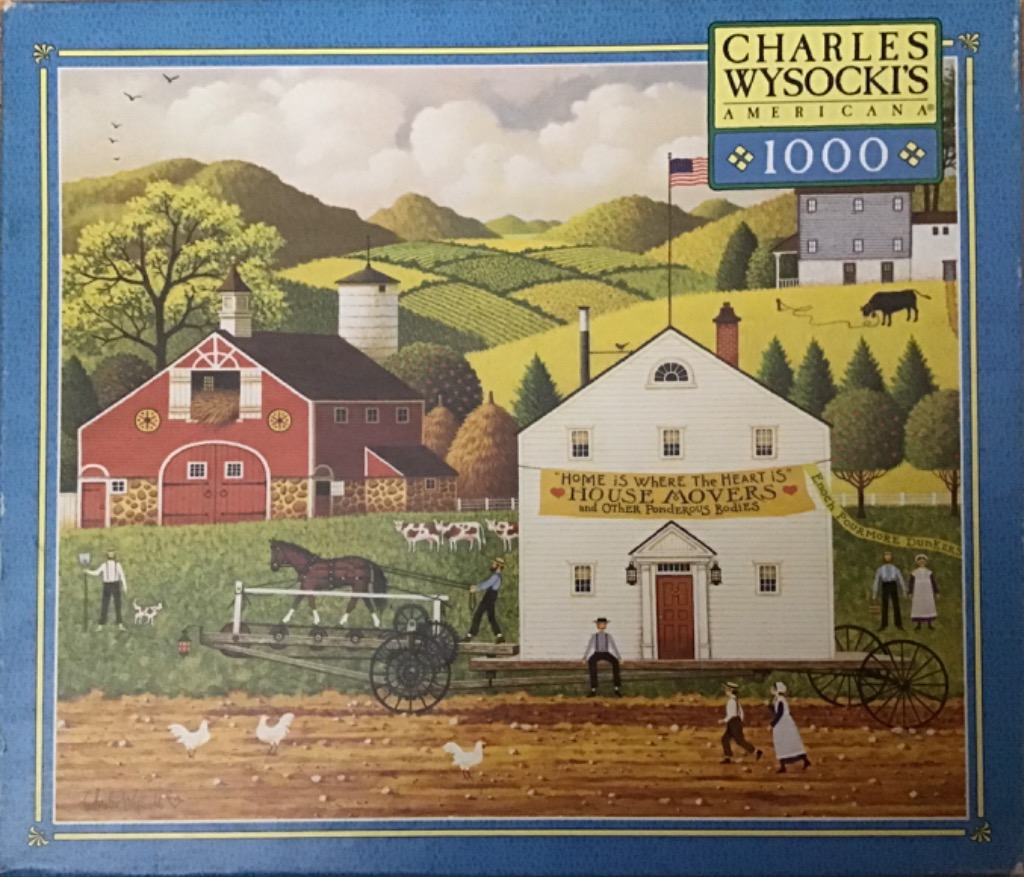 Folk art style painting of a team of horses moving a white farmhouse across a rural landscape.