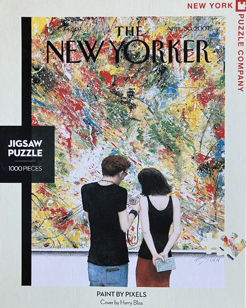 Two people viewing an abstract drip painting in a gallery setting